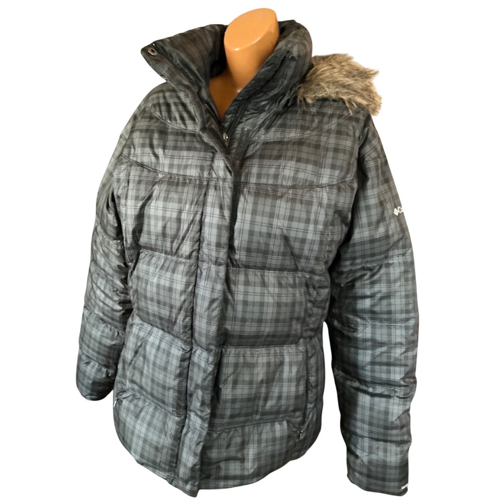 Columbia Grey Plaid Puffer Jacket Faux Fur Hood Winter Coat Large Outdoor